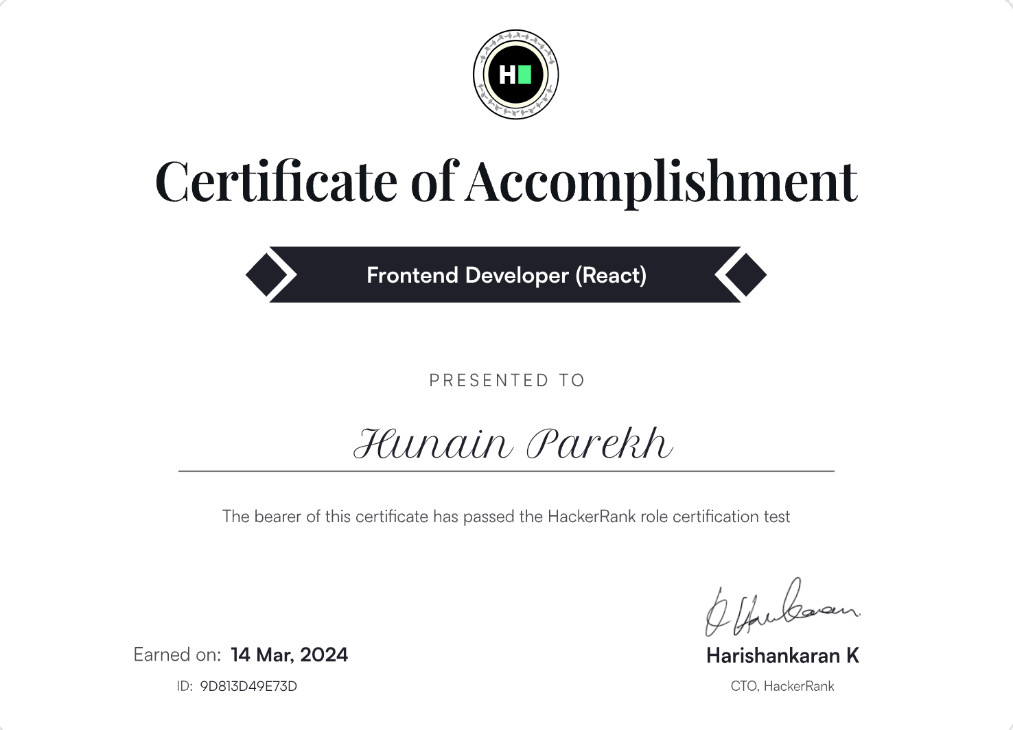 React Developer - HackerRank