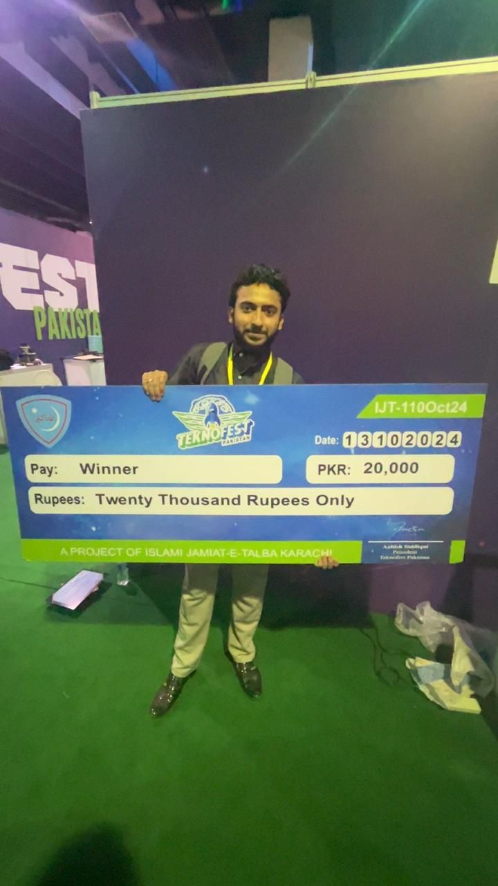 Hunain Parekh winning at Teknofest Pakistan with PKR 20,000 prize
